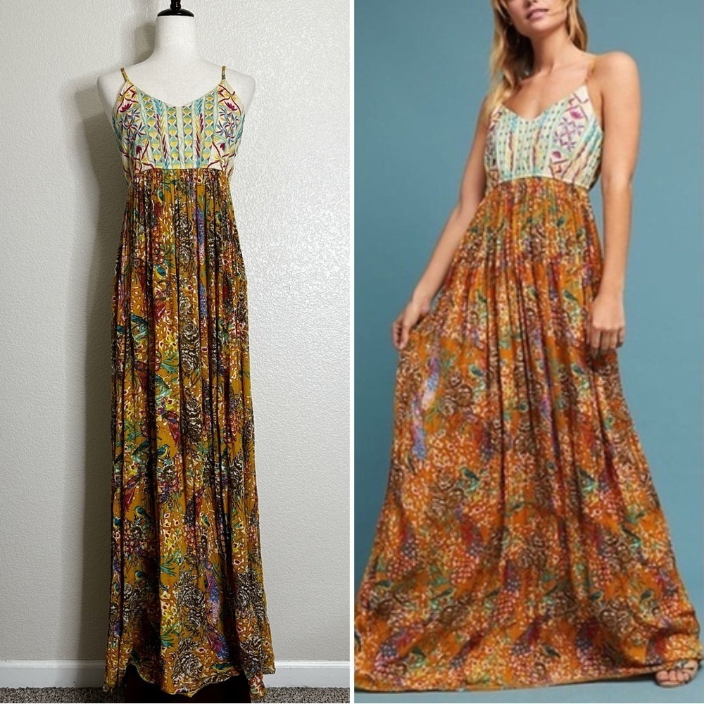 Anthropologie Raga Bohemian Embroidered Parkland Peacock Maxi Dress, Sz Small
